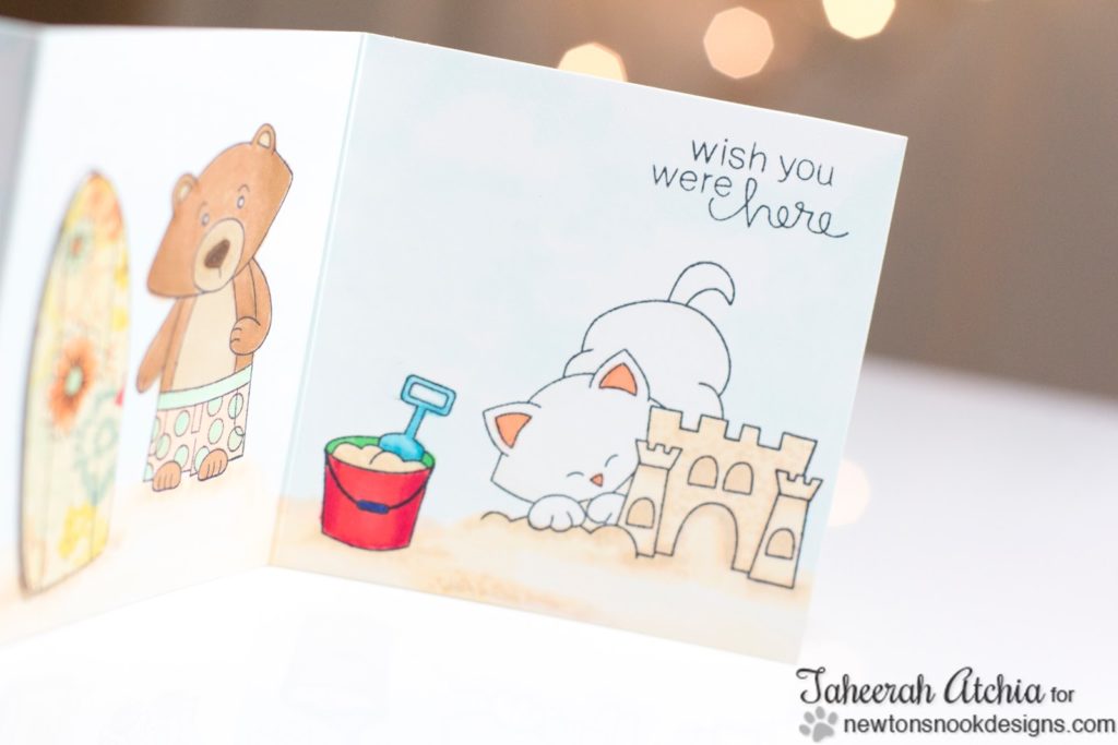 Critters Summer Vacation Wish You Were Here Card by Taheerah Atchia - kitty building sandcastle